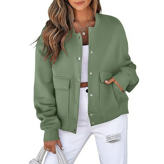 Womens Jacket 2025 Fall Winter Long Sleeve Stand Collar Shacket with Side Pocket Lightweight Coat Light Green L