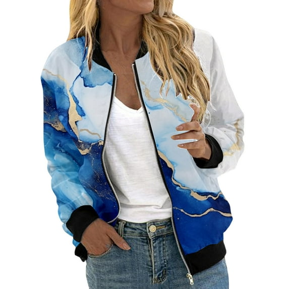 Womens Jacket Casual Color Block Floral Print Bomber Vintage Long Sleeve Zipper Windbreaker Outwear Coat