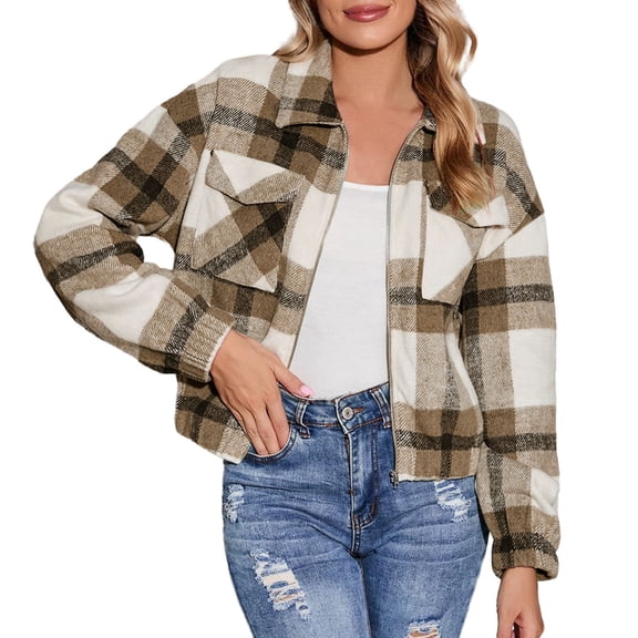 Womens Jacket Casual Cropped Flannel Plaid Shacket Zip Up Shirts with Pockets With Pocket 2025 Fall Coat