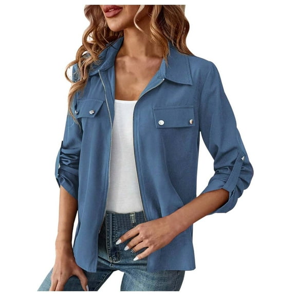 Womens Jacket Casual Fashion Zipper Lapel Casual Shirts Solid Long Sleeve Slim Fit Cropped 2025 Fall Coat
