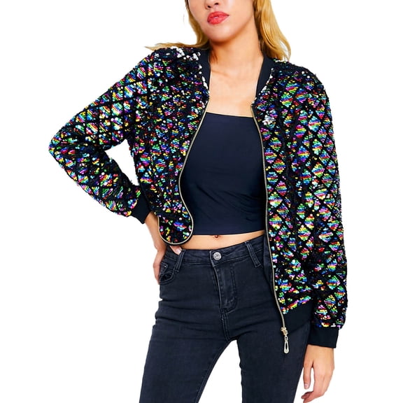 Womens Jacket Casual Glitter Sequin Baseball Fashion Long Sleeve Casual Zip Up Bomber Lightweight Coat