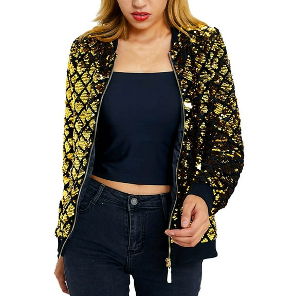 Womens Jacket Casual Glitter Sequin Baseball Fashion Long Sleeve Casual Zip Up Bomber Trendy Clothes