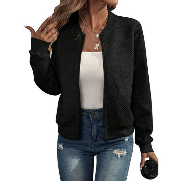 Womens Jacket Coat Casual Stand Collar Zip Up Fall Fashion Jackets Outfits with Pockets Black XL