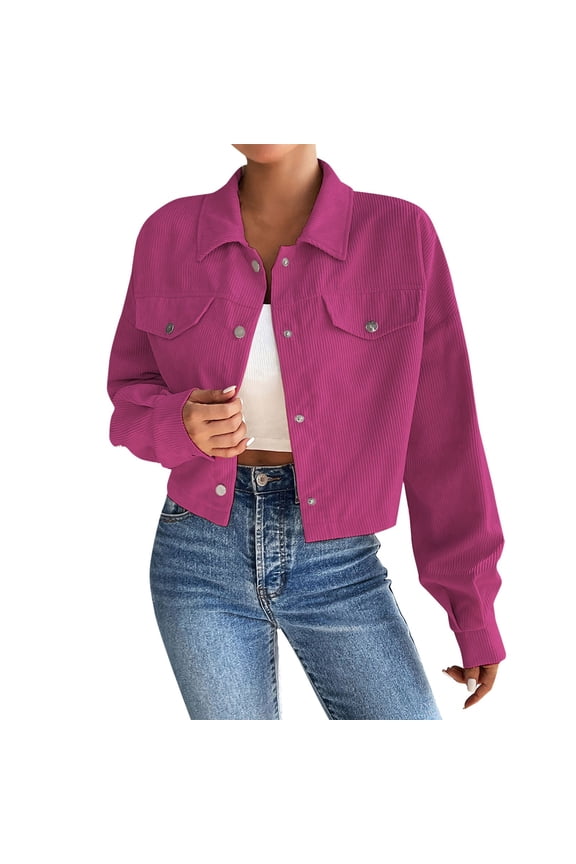 Womens Jacket, Comdrip Womens Cropped Corduroy Jacket Loose Button Down Long Sleeve Shacket Coat Jackets for Women Hot Pink S