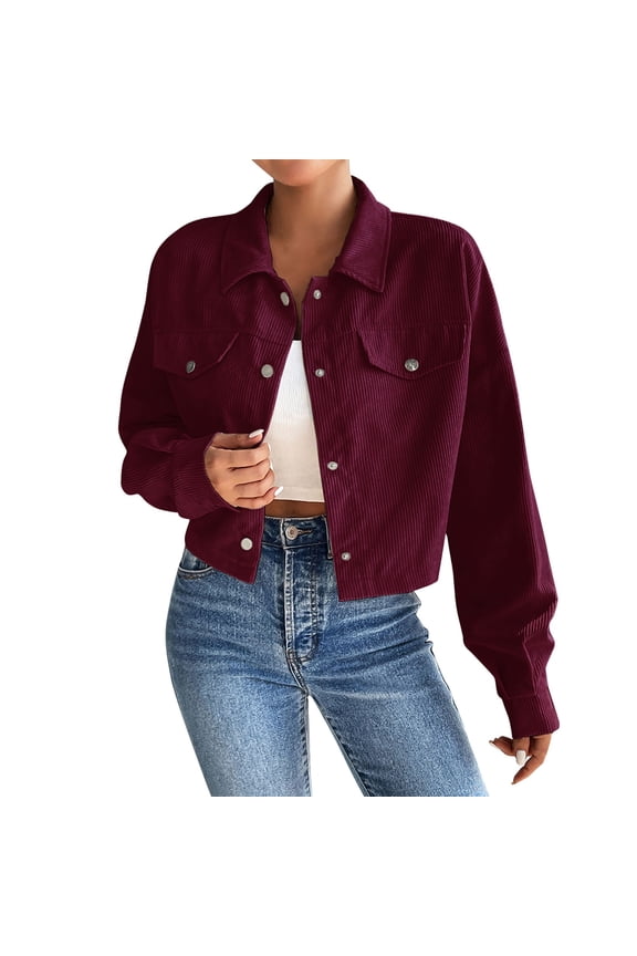 Womens Jacket, Comdrip Womens Cropped Corduroy Jacket Loose Button Down Long Sleeve Shacket Coat Jackets for Women Wine L