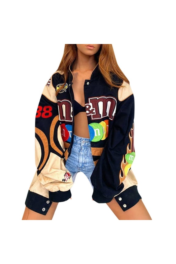 Womens Jacket Fall Funny Letter Print Racing Fashion Patchwork Long Sleeve Racing Bomber Lightweight Coats