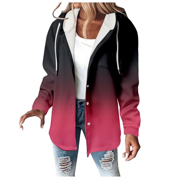 Womens Jacket Fall Gradient Drawstrinf Zipper Hoodie With Pocket Button Down Loose Casual Hooded Outwears Jackets