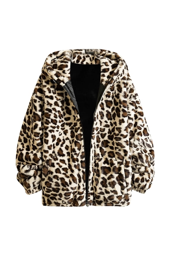 Womens Jacket Fall Leopard Print Long Sleeve Zipper Hoodie Oversize Hip Hop Fleece Hooded Sweatshirt With Pocket Outwears Jackets