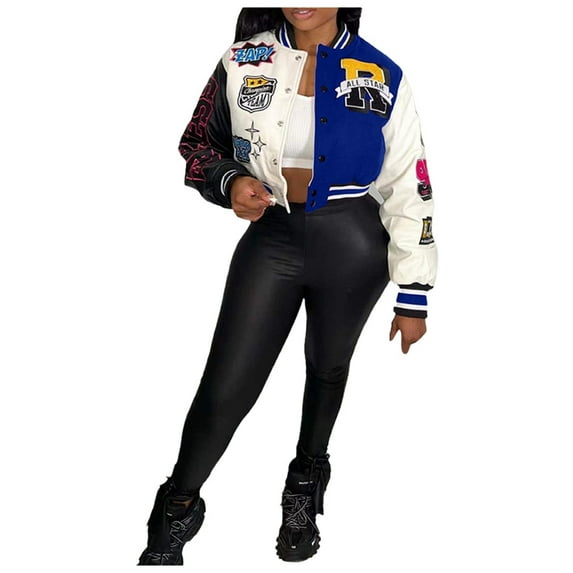 Womens Jacket Fall Patchwork Cropped Varsity Baseball Jackets y2k Colorblock Letter Print Long Sleeve Button Down Bomber Lightweight Outwears