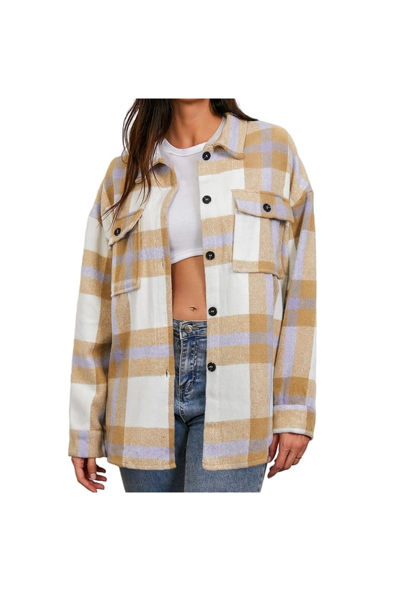 Womens Jacket Fall Plaid Flannel Shirts Long Sleeve Lapel Single Shacket Outwears Coats Beige