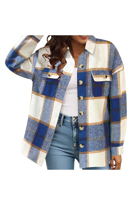 Womens Jacket Fall Plaid Long Sleeve Shirts For Women Fashion Shackets Flannel Button Down Boyfriend Oversize Lightweight Outwears