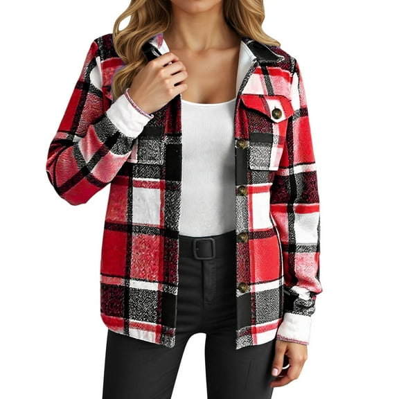 Womens Jacket Fall Plaid Print Lined Hooded Baseball Fashion Single Lightweight Outwears