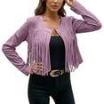 thumbnail image 1 of Womens Jacket Fall Solid Suede Fringe Button Open Front Cardigan Slim Fit Cropped Lightweight Jackets Purple, 1 of 4