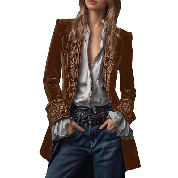 Womens Jacket Fall Vintage Floral Lace Velvet Open Front Steampunk Slim Winter Clothes Yellow