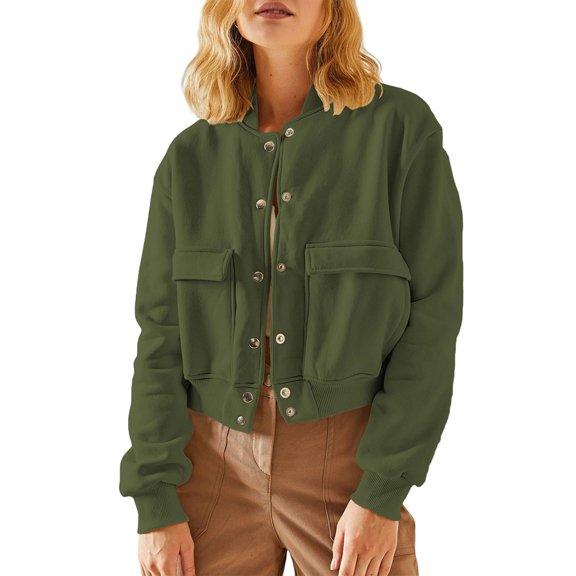 Womens Jacket Fall Winter Long Sleeve Stand Collar Shacket with Side Pocket Coat Army Green L