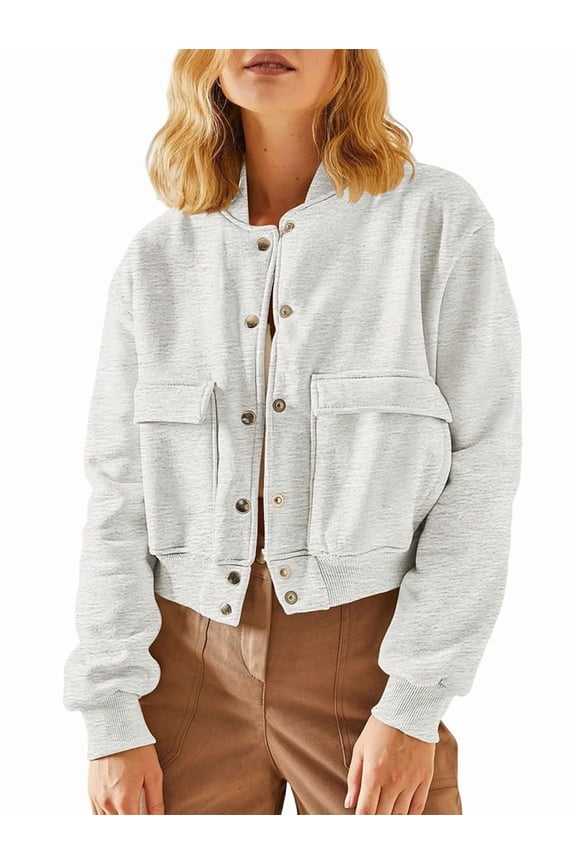 Womens Jacket Fall Winter Long Sleeve Stand Collar Shacket with Side Pocket Coat Light Gray S