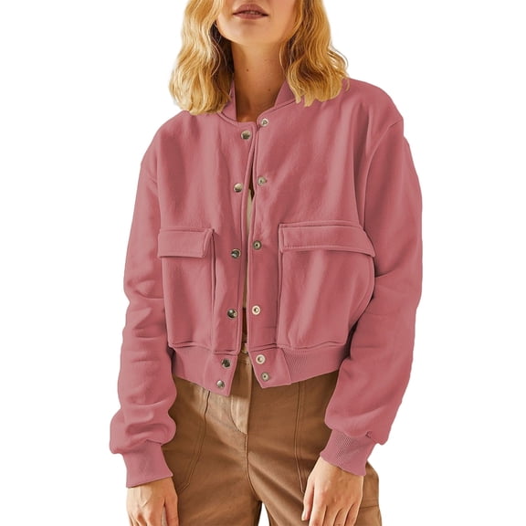 Womens Jacket Fall Winter Long Sleeve Stand Collar Shacket with Side Pocket Coat Peach Color S