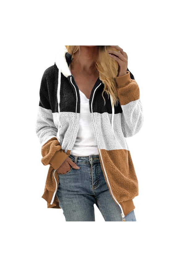 Womens Jacket Fashion Long Sleeve Color Block Faux Shearling Coat Warm Hooded Zip Up Fuzzy Winter Jacket with Pockets Winter Gift for Women