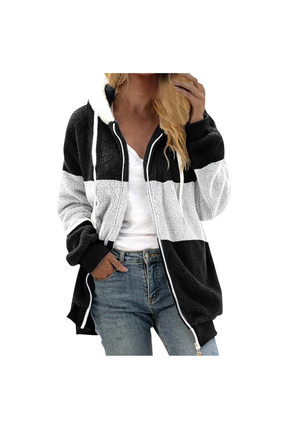 Womens Jacket Fashion Long Sleeve Color Block Faux Shearling Coat Warm Hooded Zip Up Fuzzy Winter Jacket with Pockets Winter Gift for Women