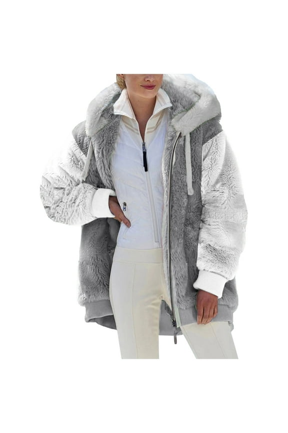 Womens Jacket Fashion Long Sleeve Color Block Faux Shearling Coat Warm Hooded Zip Up Fuzzy Winter Jacket with Pockets Winter Gift for Women