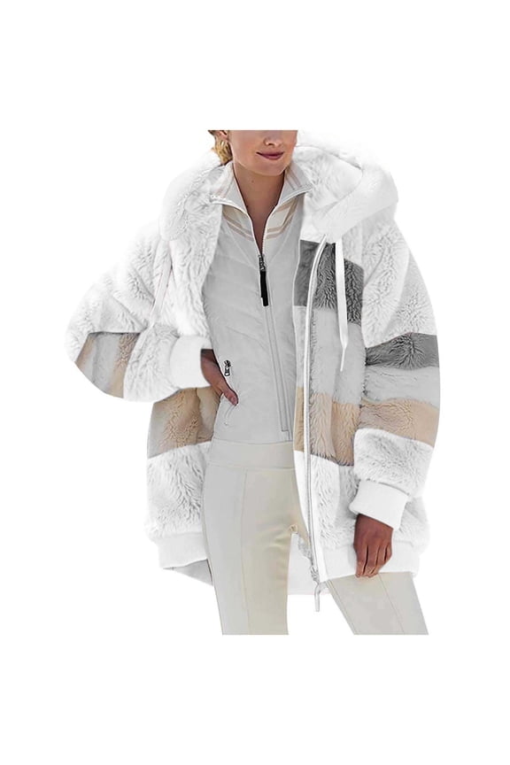 Womens Jacket Fashion Long Sleeve Color Block Faux Shearling Coat Warm Hooded Zip Up Fuzzy Winter Jacket with Pockets Winter Gift for Women