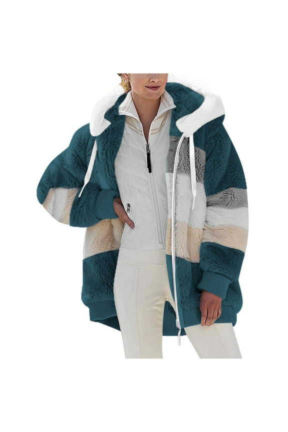 Womens Jacket Fashion Long Sleeve Color Block Faux Shearling Coat Warm Hooded Zip Up Fuzzy Winter Jacket with Pockets Winter Gift for Women