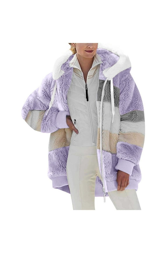 Womens Jacket Fashion Long Sleeve Color Block Faux Shearling Coat Warm Hooded Zip Up Fuzzy Winter Jacket with Pockets Winter Gift for Women