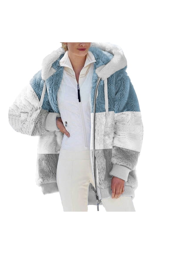 Womens Jacket Fashion Long Sleeve Color Block Faux Shearling Coat Warm Hooded Zip Up Fuzzy Winter Jacket with Pockets Winter Gift for Women