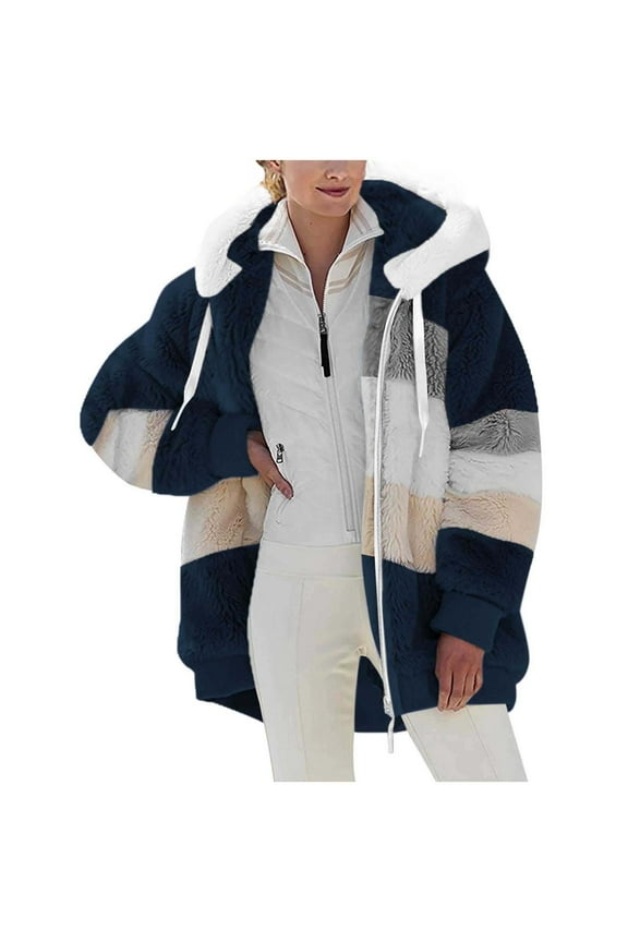Womens Jacket Fashion Long Sleeve Color Block Faux Shearling Coat Warm Hooded Zip Up Fuzzy Winter Jacket with Pockets Winter Gift for Women