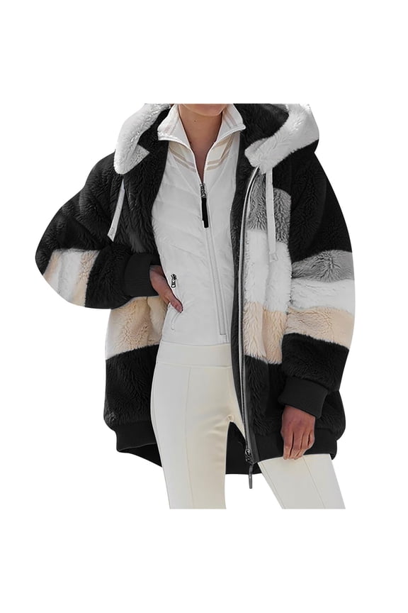 Womens Jacket Fashion Long Sleeve Color Block Faux Shearling Coat Warm Hooded Zip Up Fuzzy Winter Jacket with Pockets Winter Gift for Women