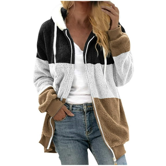 Womens Jacket Fashion Long Sleeve Color Block Faux Shearling Coat Warm Hooded Zip Up Fuzzy Winter Jacket with Pockets Winter Gift for Women