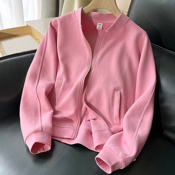 Womens Jacket Front Zip with Pockets Lightweight Shirt Fall Relaxed Fit for Everyday Casual Wear Pink,M