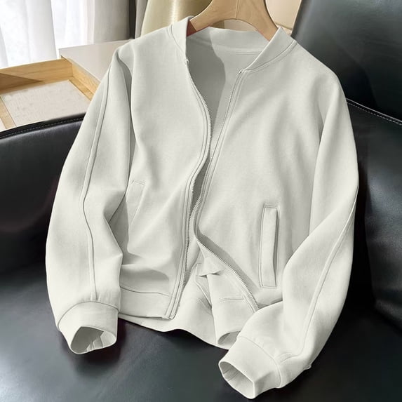 Womens Jacket Front Zip with Pockets Lightweight Shirt Fall Relaxed Fit for Everyday Casual Wear White,S