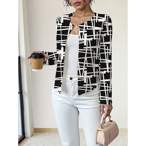 Womens Jacket Geometric Print Open Front Blazer No Collar Long Sleeve Short Work Casual Jackets