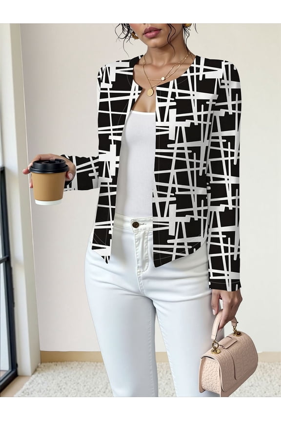 Womens Jacket Geometric Print Open Front Blazer No Collar Long Sleeve Short Work Casual Jackets