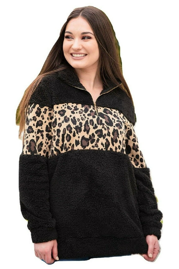 Womens Jacket Leopard Cheetah Sherpa Shirt Pullover Lightweight Clothing Black