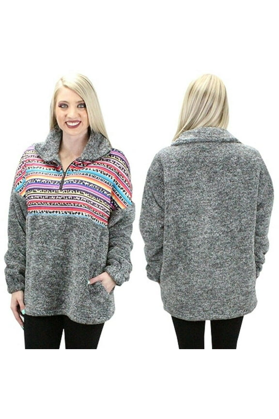 Womens Jacket Leopard Serape Cheetah Aztec Sherpa Pocket Pullover Coat Gray Black