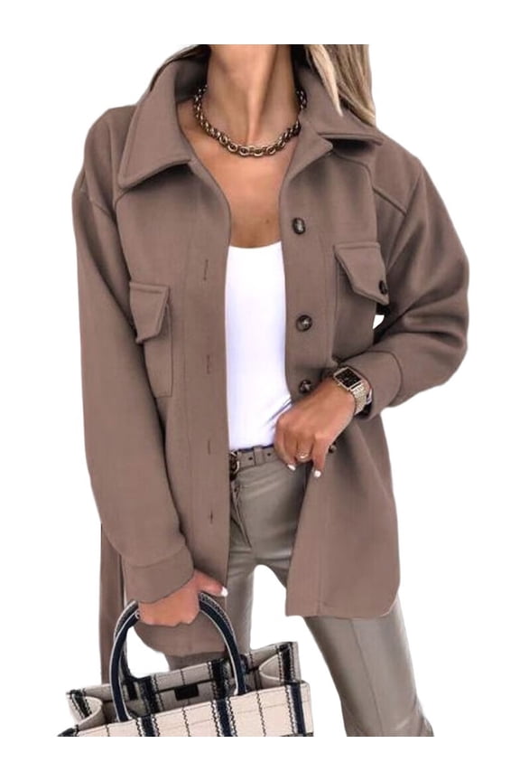Womens Jacket Long Sleeve Button Up Wool Blend Trench Shirt Woolen Coat with Pockets Brown L