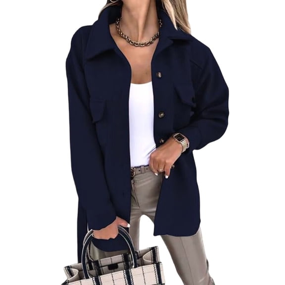 Womens Jacket Long Sleeve Button Up Wool Blend Trench Shirt Woolen Coat with Pockets Dark Blue L