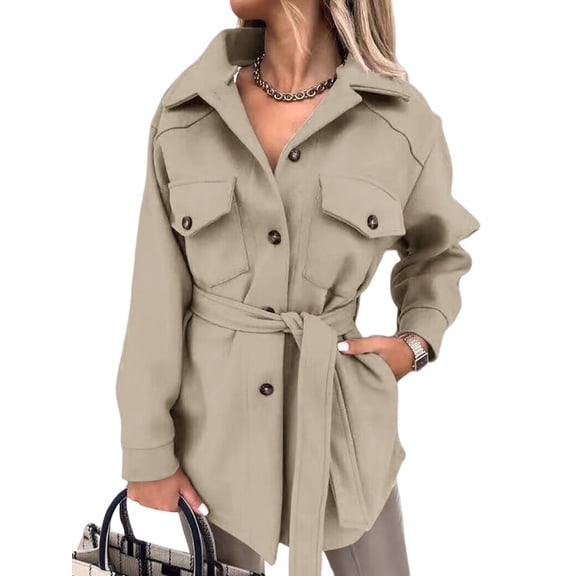 Womens Jacket Long Sleeve Button Up Wool Blend Trench Shirt Woolen Coat with Pockets Khaki L