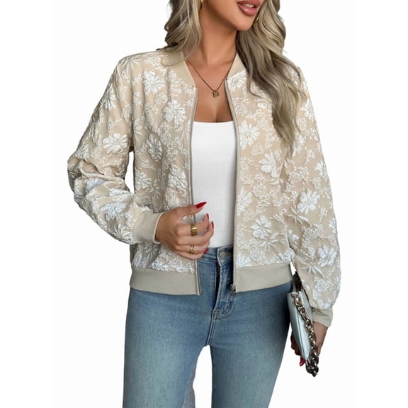 Womens Jacket Long Sleeve Zip Up Floral Outerwear Soft Casual Fall Coats Khaki S