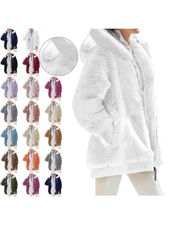 Womens Jacket Oversized Fleece Jackets Fuzzy Zip Up Hoodie | Plus Size Lined Jackets, Zipper Fluffy Sweater Coat, Warm Outwear, Soft Hooded sweatshirts with Pockets