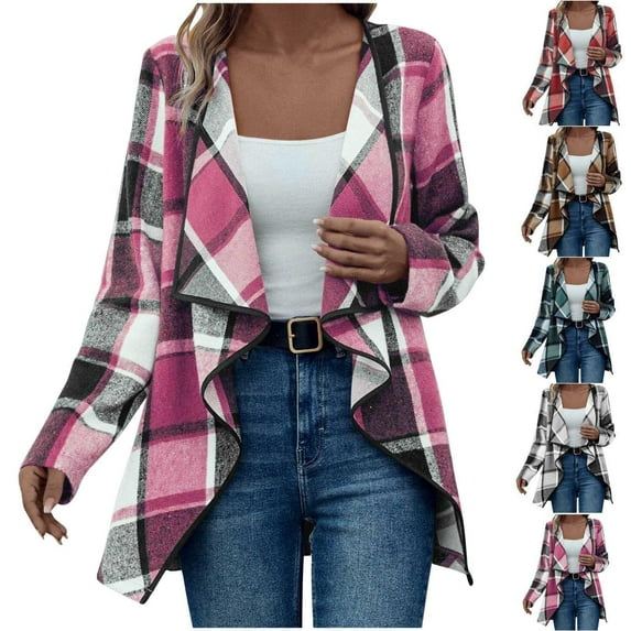 Womens Jacket Plaid Hot Pink Long Sleeved Hooded Checkered Sleeveless Hooded Casual M