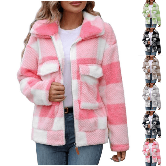 Womens Jacket Plaid Pink Woman Winter Pockets Zipper Lapel Long Sleeve Blouse Coats XL