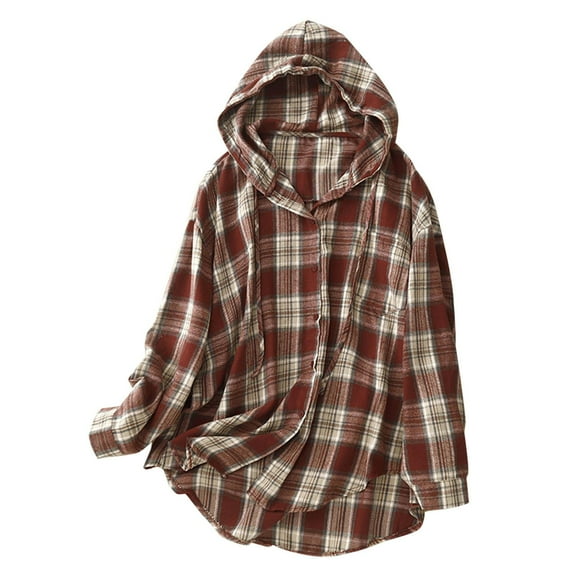Womens Jacket Plaid Red Casual Drawstring Long Sleeve Hooded Casual Outwear Shirts Coats 2XL