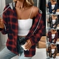 thumbnail image 1 of Womens Jacket Plaid Red Long Sleeve Breasted Hooded Pocket Casual Medium Length S, 1 of 5