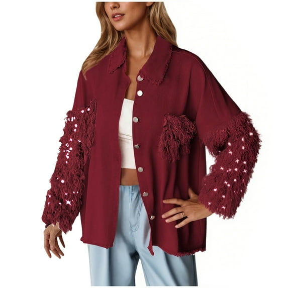 Womens Jacket Sequin Patchwork Long Sleeve Jacket Top Button Front Oversized Denim Shacket Lightweight Club Cardigan Wine M
