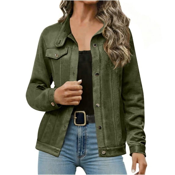 Womens Jacket Sevevn Women's Turn-Down Collar Flap Pockets Button Faux Suede Jacket