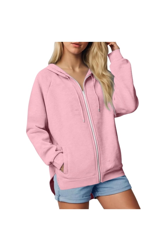 Womens Jacket Sevevn Womens Casual Zip Up Hoodie Loose Side Slit Sweatshirt Long Sleeve Jacket with Pockets