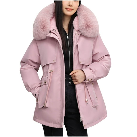 Womens Jacket Solid Color Long Sleeved Detachable Reverse Waist Thick And Loose Hooded Winter Mid Length Clothing Long Sleeve Parkas Plus Size Winter Coats for Women M